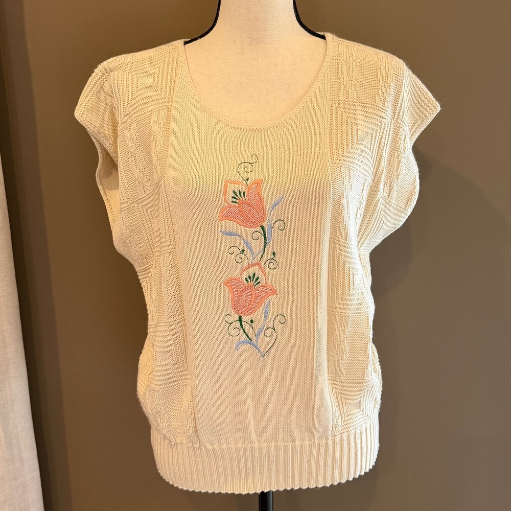 Vintage 90s Bay Point Threads Short Sleeve Embroidered Sweater, Size Medium